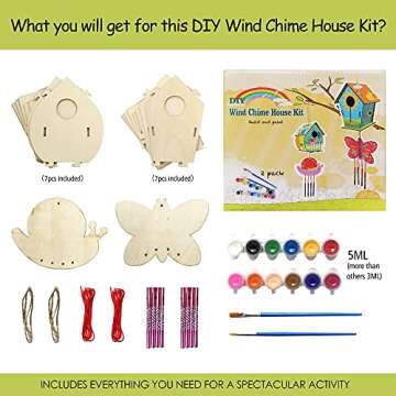 HOME COMPOSER 4 Pack DIY Bird House Wind Chime Kits for Children to Build and Paint, Wooden Arts and Crafts for Kids Girls Boys Toddlers Ages 8-12 4-6 6-8