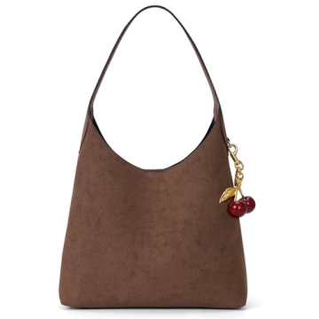 Faux Suede Hobo Bags Vegan Leather Shoulder Bag Tote for Women with Cherry Charm Slouchy Designer Ha...