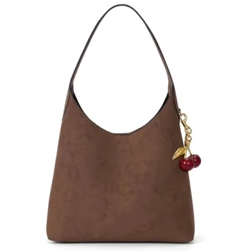 Faux Suede Hobo Bags Vegan Leather Shoulder Bag Tote for Women with Cherry Charm Slouchy Designer Ha...