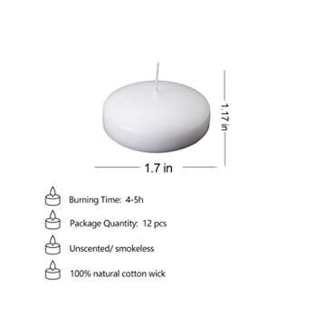 12Pcs Floating Candles for Centerpieces 4 Hours 1.7 Inch Burning White Unscented Classic Floating Ca...