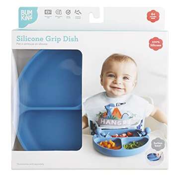 Bumkins Toddler and Baby Suction Plate, Divided Grip Dish for Babies and Kids, Baby Led Weaning, Feeding Supplies, Sticks to Tables and Highchairs, Platinum Silicone, for Children 6 Months, Dark Blue