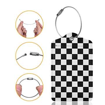 2 Pack Luggage Tags for Travel PU Leather Luggage Tag Name ID Labels with Privacy Cover for Suitcases Women Men Kids Girls (Black and White Grid)