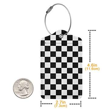 2 Pack Luggage Tags for Travel PU Leather Luggage Tag Name ID Labels with Privacy Cover for Suitcases Women Men Kids Girls (Black and White Grid)