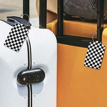 2 Pack Luggage Tags for Travel PU Leather Luggage Tag Name ID Labels with Privacy Cover for Suitcases Women Men Kids Girls (Black and White Grid)