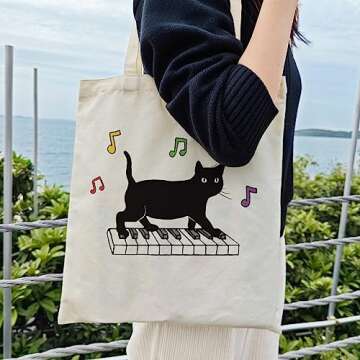 Dlzdn Black Cat Canvas Tote Bag For Women Aesthetic Funny Cute Cat Playing Piano Tote Bag Shopping G...