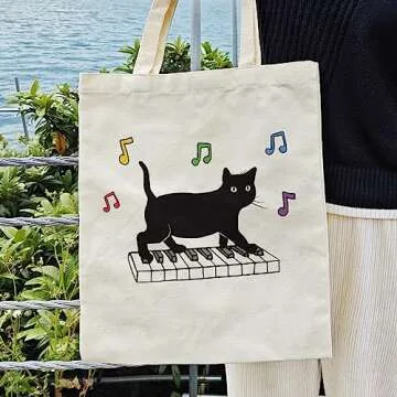 Dlzdn Black Cat Canvas Tote Bag For Women Aesthetic Funny Cute Cat Playing Piano Tote Bag Shopping Grocery Bag Beach Bag Gifts for Women Teacher Bag Reusable Grocery Bag