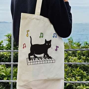 Dlzdn Black Cat Canvas Tote Bag For Women Aesthetic Funny Cute Cat Playing Piano Tote Bag Shopping Grocery Bag Beach Bag Gifts for Women Teacher Bag Reusable Grocery Bag