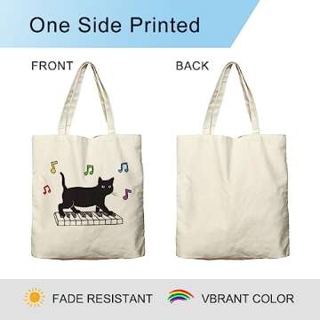 Dlzdn Black Cat Canvas Tote Bag For Women Aesthetic Funny Cute Cat Playing Piano Tote Bag Shopping Grocery Bag Beach Bag Gifts for Women Teacher Bag Reusable Grocery Bag