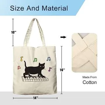 Dlzdn Black Cat Canvas Tote Bag For Women Aesthetic Funny Cute Cat Playing Piano Tote Bag Shopping Grocery Bag Beach Bag Gifts for Women Teacher Bag Reusable Grocery Bag