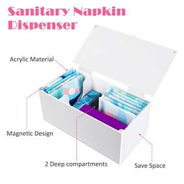 ChengFu Acrylic Magnetic Sanitary Napkin Storage Container, Pad Holder for Period, Sanitary Napkin Holder, Pad and Tampon Holder for Bathroom, Sanitary Napkin Dispenser, White