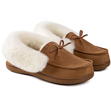 HomeIdeas Women's Faux Fur Lined Suede Comfort House Slippers, Anti-Slip Autumn Winter Indoor / Outd...