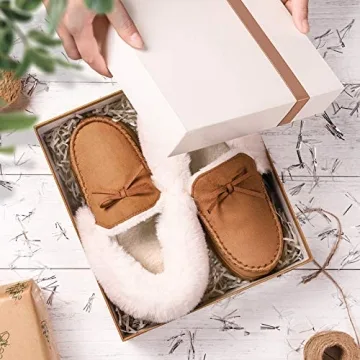 HomeIdeas Women's Faux Fur Lined Suede Comfort House Slippers, Anti-Slip Autumn Winter Indoor / Outdoor Moccasin Shoes, Brown, Medium US 8