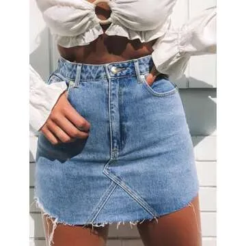 Just Quella Women's High Waisted Jean Skirt Fringed Slim Fit Denim Mini Skirt (M, Light Blue Washed)