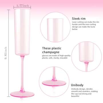 YOUBET 24 Pack Pink Plastic Champagne Flutes - 6 Oz Clear Pink Champagne Glasses - Square Plastic To...