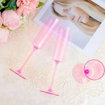 YOUBET 24 Pack Pink Plastic Champagne Flutes - 6 Oz Clear Pink Champagne Glasses - Square Plastic Toasting Glasses for Party Birthday Anniversary Wedding