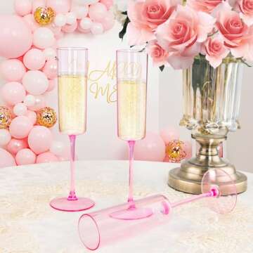 YOUBET 24 Pack Pink Plastic Champagne Flutes - 6 Oz Clear Pink Champagne Glasses - Square Plastic Toasting Glasses for Party Birthday Anniversary Wedding