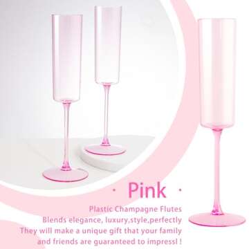 YOUBET 24 Pack Pink Plastic Champagne Flutes - 6 Oz Clear Pink Champagne Glasses - Square Plastic Toasting Glasses for Party Birthday Anniversary Wedding