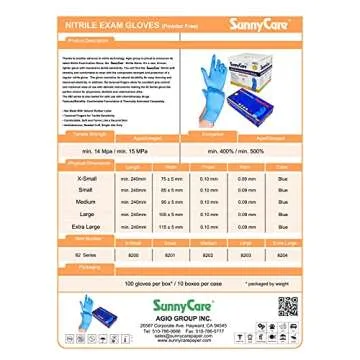 SunnyCare 1000 8203 Blue Nitrile Medical Exam Gloves Powder Free Chemo-Rated (Non Vinyl Latex) 100/box;10boxes/case Size: Large