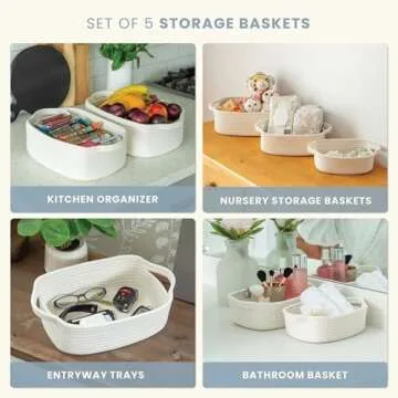 OrganiHaus Set of 5 White Rectangle Storage Baskets for Organizing, Small Woven Bathroom Storage Baskets, Nursery Storage Basket for Organization, Small Organization Baskets, Small Rope Basket