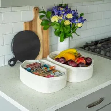 OrganiHaus Set of 5 White Rectangle Storage Baskets for Organizing, Small Woven Bathroom Storage Baskets, Nursery Storage Basket for Organization, Small Organization Baskets, Small Rope Basket