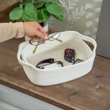 OrganiHaus Set of 5 White Rectangle Storage Baskets for Organizing, Small Woven Bathroom Storage Baskets, Nursery Storage Basket for Organization, Small Organization Baskets, Small Rope Basket