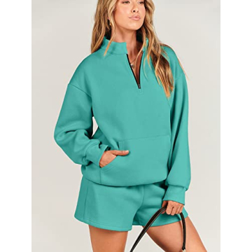 ANRABESS Women 2 Piece Outfits Sweatshirt Shorts Sets 2024 Oversized Casual Lounge Sweat Set Sweatsuit Workout Tracksuit Lake Green Large