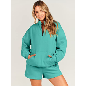 ANRABESS Women 2 Piece Outfits Sweatshirt Shorts Sets 2024 Oversized Casual Lounge Sweat Set Sweatsuit Workout Tracksuit Lake Green Large