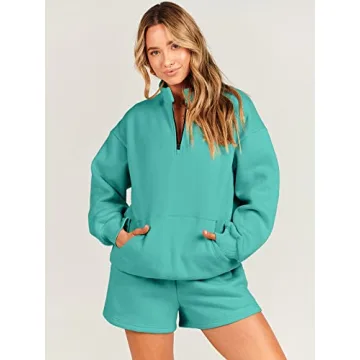 ANRABESS Women 2 Piece Outfits Sweatshirt Shorts Sets 2024 Oversized Casual Lounge Sweat Set Sweatsuit Workout Tracksuit Lake Green Large