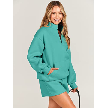 ANRABESS Women 2 Piece Outfits Sweatshirt Shorts Sets 2024 Oversized Casual Lounge Sweat Set Sweatsuit Workout Tracksuit Lake Green Large