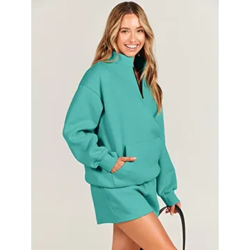 ANRABESS Women 2 Piece Outfits Sweatshirt Shorts Sets 2024 Oversized Casual Lounge Sweat Set Sweatsuit Workout Tracksuit Lake Green Large