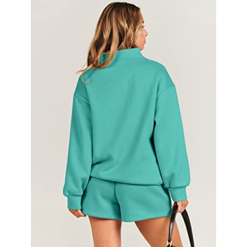 ANRABESS Women 2 Piece Outfits Sweatshirt Shorts Sets 2024 Oversized Casual Lounge Sweat Set Sweatsuit Workout Tracksuit Lake Green Large