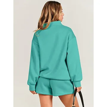 ANRABESS Women 2 Piece Outfits Sweatshirt Shorts Sets 2024 Oversized Casual Lounge Sweat Set Sweatsuit Workout Tracksuit Lake Green Large
