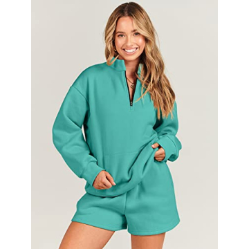 ANRABESS Women 2 Piece Outfits Sweatshirt Shorts Sets 2024 Oversized Casual Lounge Sweat Set Sweatsuit Workout Tracksuit Lake Green Large