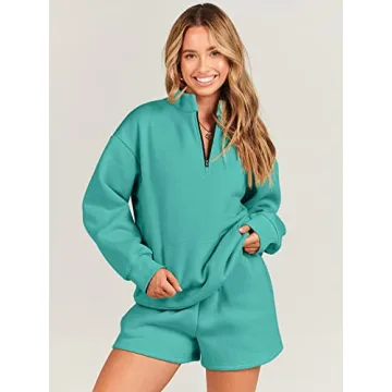 ANRABESS Women 2 Piece Outfits Sweatshirt Shorts Sets 2024 Oversized Casual Lounge Sweat Set Sweatsuit Workout Tracksuit Lake Green Large