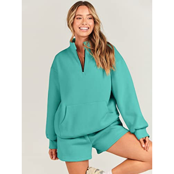 ANRABESS Women 2 Piece Outfits Sweatshirt Shorts Sets 2024 Oversized Casual Lounge Sweat Set Sweatsuit Workout Tracksuit Lake Green Large