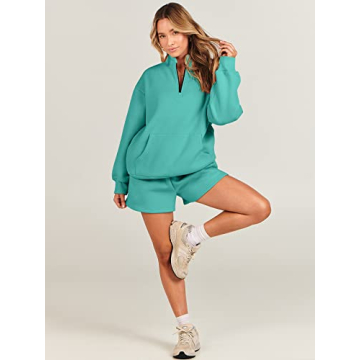 ANRABESS Women 2 Piece Outfits Sweatshirt Shorts Sets 2024 Oversized Casual Lounge Sweat Set Sweatsuit Workout Tracksuit Lake Green Large