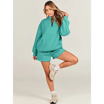 ANRABESS Women 2 Piece Outfits Sweatshirt Shorts Sets 2024 Oversized Casual Lounge Sweat Set Sweatsuit Workout Tracksuit Lake Green Large