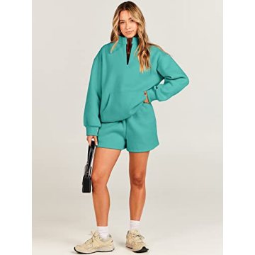 ANRABESS Women 2 Piece Outfits Sweatshirt Shorts Sets 2024 Oversized Casual Lounge Sweat Set Sweatsuit Workout Tracksuit Lake Green Large