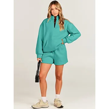 ANRABESS Women 2 Piece Outfits Sweatshirt Shorts Sets 2024 Oversized Casual Lounge Sweat Set Sweatsuit Workout Tracksuit Lake Green Large
