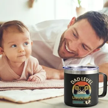 Lifecapido New Dad Gifts, Dad to Be Gifts, Best Gifts for New Dad, Dad Level Unlocked 14oz Insulated Coffee Mug with Keychain, Funny Fathers Day Pregnancy Announcement Christmas Gift for Dad New Dad