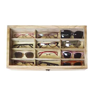 Ikee Design Wooden Eyewear Glass Display Case Tray 12 Compartments Sunglasses Organizers and Storage Box with Lid Wooden Box for Essential Eye-wear Display Glasses Case,19 3/8" W x 10" D x 3 3/8" H