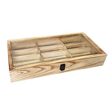 Ikee Design Wooden Eyewear Glass Display Case Tray 12 Compartments Sunglasses Organizers and Storage Box with Lid Wooden Box for Essential Eye-wear Display Glasses Case,19 3/8" W x 10" D x 3 3/8" H