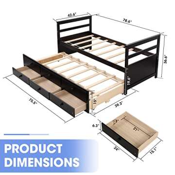 windaze Twin Trundle Bed with Storage, Captain Bed with 3 Drawers, Wood Trundle Bed Frame with Pull ...