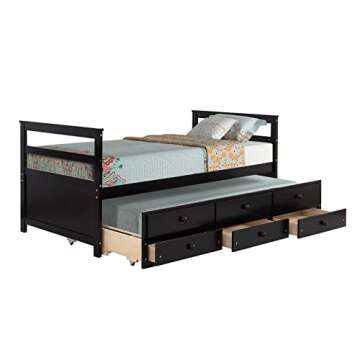 windaze Twin Trundle Bed with Storage, Captain Bed with 3 Drawers, Wood Trundle Bed Frame with Pull Out Bed for Children Teens, Wooden Slat Support No Box Spring Needed, Brown