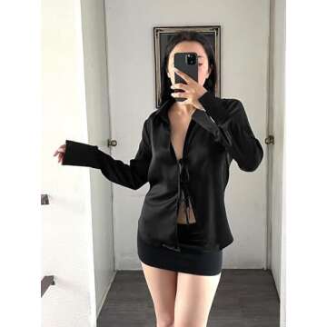 Cicy Bell Women's Satin Tie Front Long Sleeve Blouse