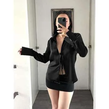 Cicy Bell Women's Satin Tie Front Long Sleeve Blouse