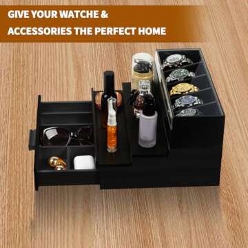 ASEWOTOS Display Risers Wooden Cologne Organizer for Men 3Tier+1Tier with 5-Slot Watch Case Upgraded Perfume Display Box Luxury Wooden Storage Cologne&Watches Ultimate Present for Him Black