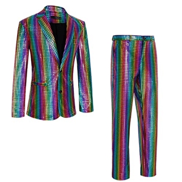 CARUHIF Rainbow Sequin 70s Disco Suit Costume