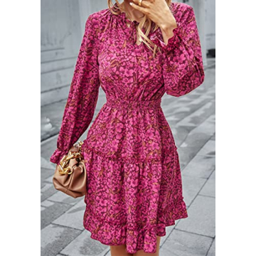 Angashion Women's Floral Print Dress Casual Long Sleeve V Neck Ruffle Layer Short Mini Women High Waist Dresses Pink Small