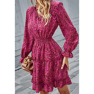 Angashion Women's Floral Print Dress Casual Long Sleeve V Neck Ruffle Layer Short Mini Women High Waist Dresses Pink Small